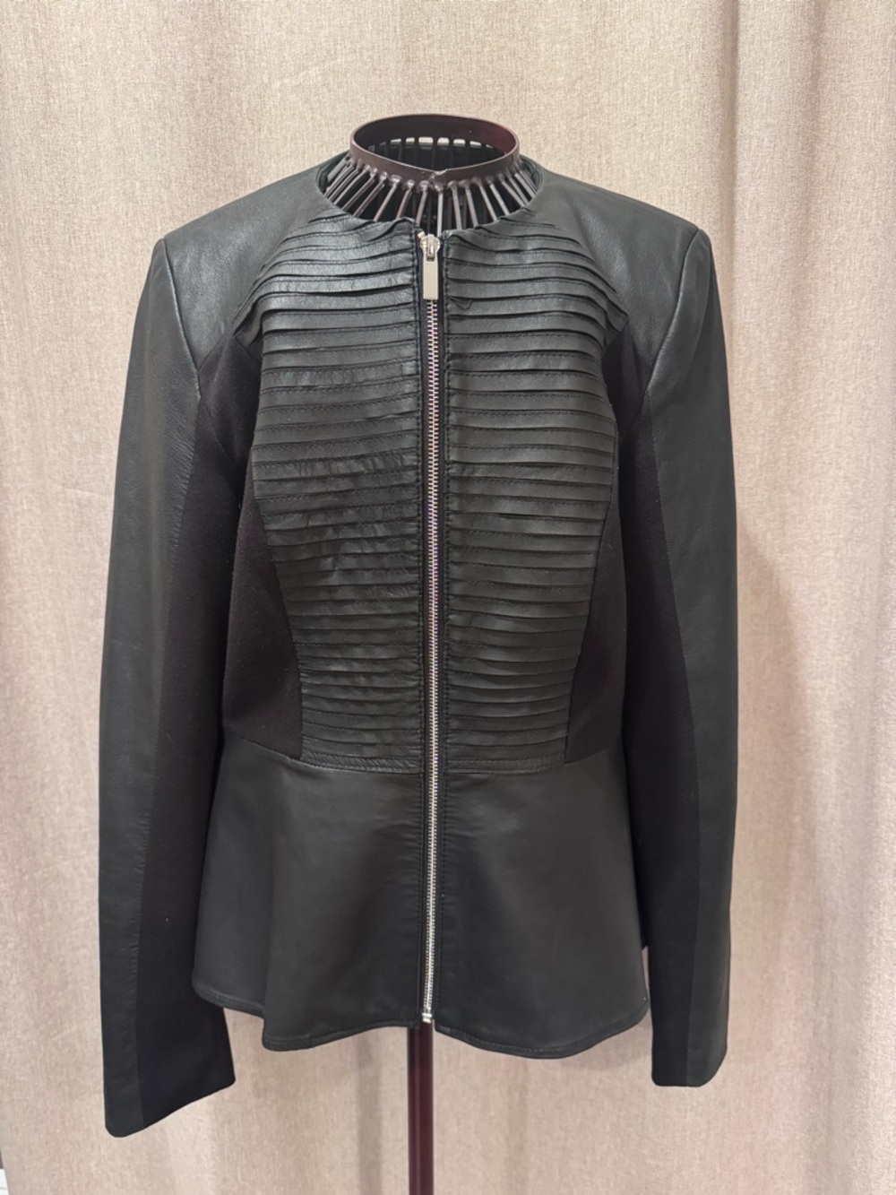 Bagatelle - Black Leather - Moto Jacket - Peplum - Zip - Mixed Media- M - Picture 2 of 16